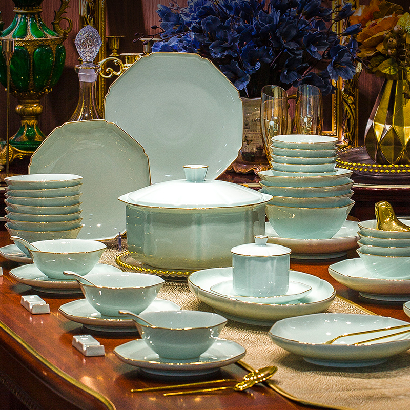 八方青瓷餐具套装碗筷盘子中式描金碗碟套装家用酒店用瓷