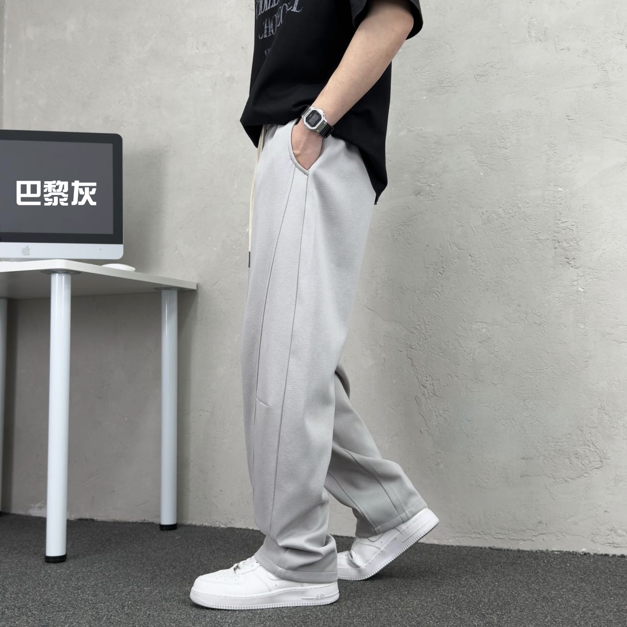 025#潮薄款春夏季男士潮流休闲裤垂感中腰弯刀裤ins阔腿裤