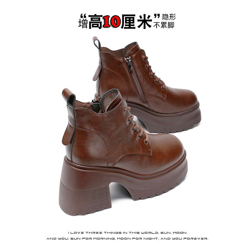 时尚百搭真皮复古侧拉链圆头女靴粗跟厚底高跟英伦风秋冬加绒靴子