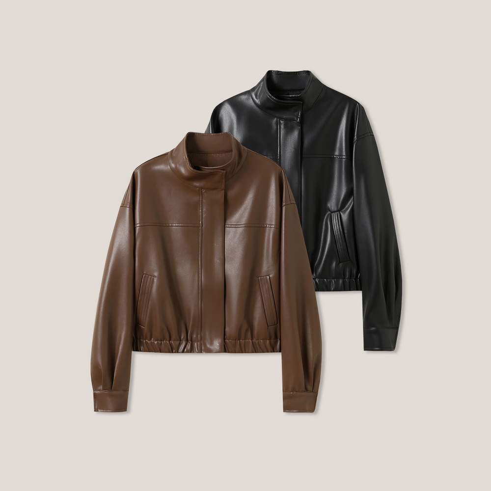  “jeenie腔调”韩系休闲风立领设计短款夹克皮衣SS26371