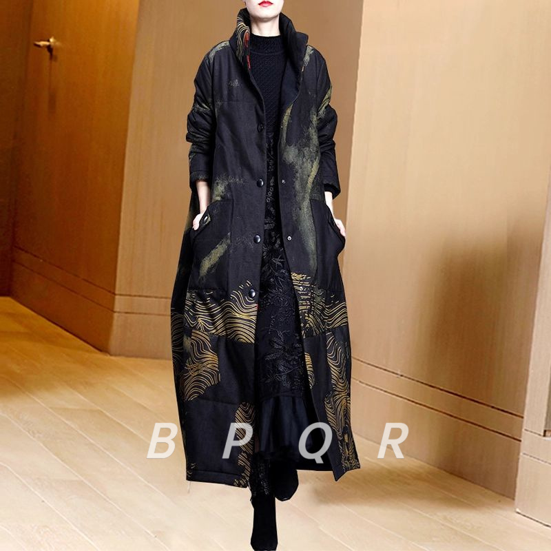 BPQR复古中国民族风棉服女中长款年秋冬新款印花茧型棉衣加厚外套