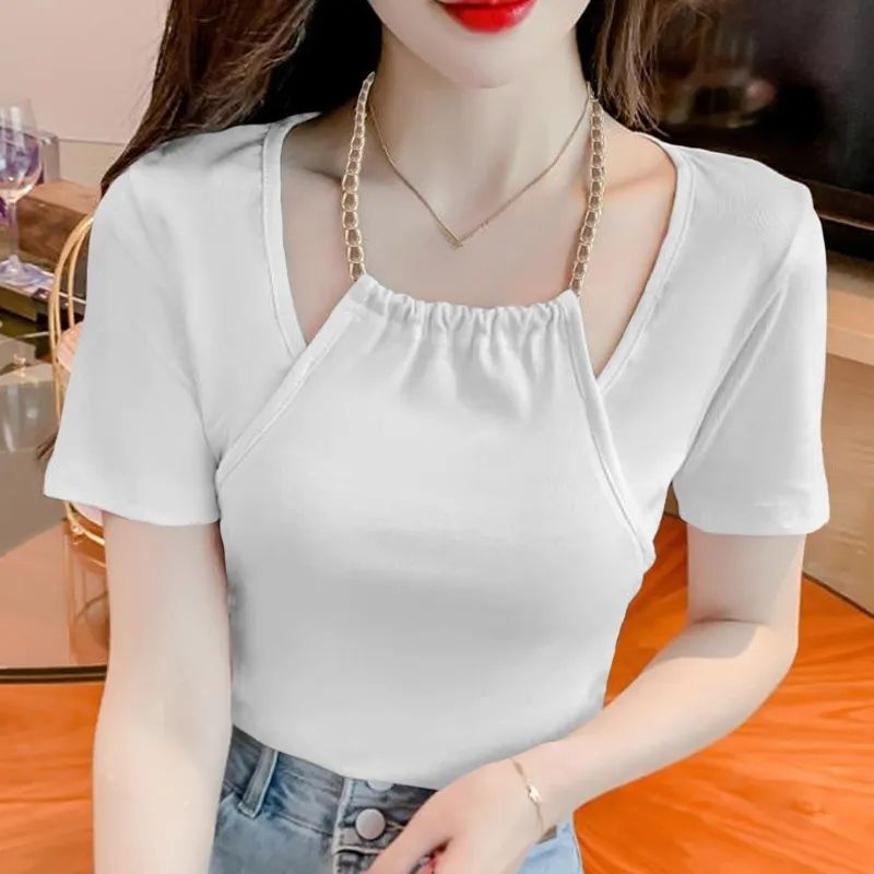 设计感小众挂脖露锁骨短袖恤女夏季纯欲风辣妹修身短款上衣