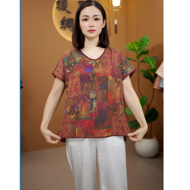 2025新款女士高端气质T恤洋气圆领花色短袖印花宽松小衫-2581
