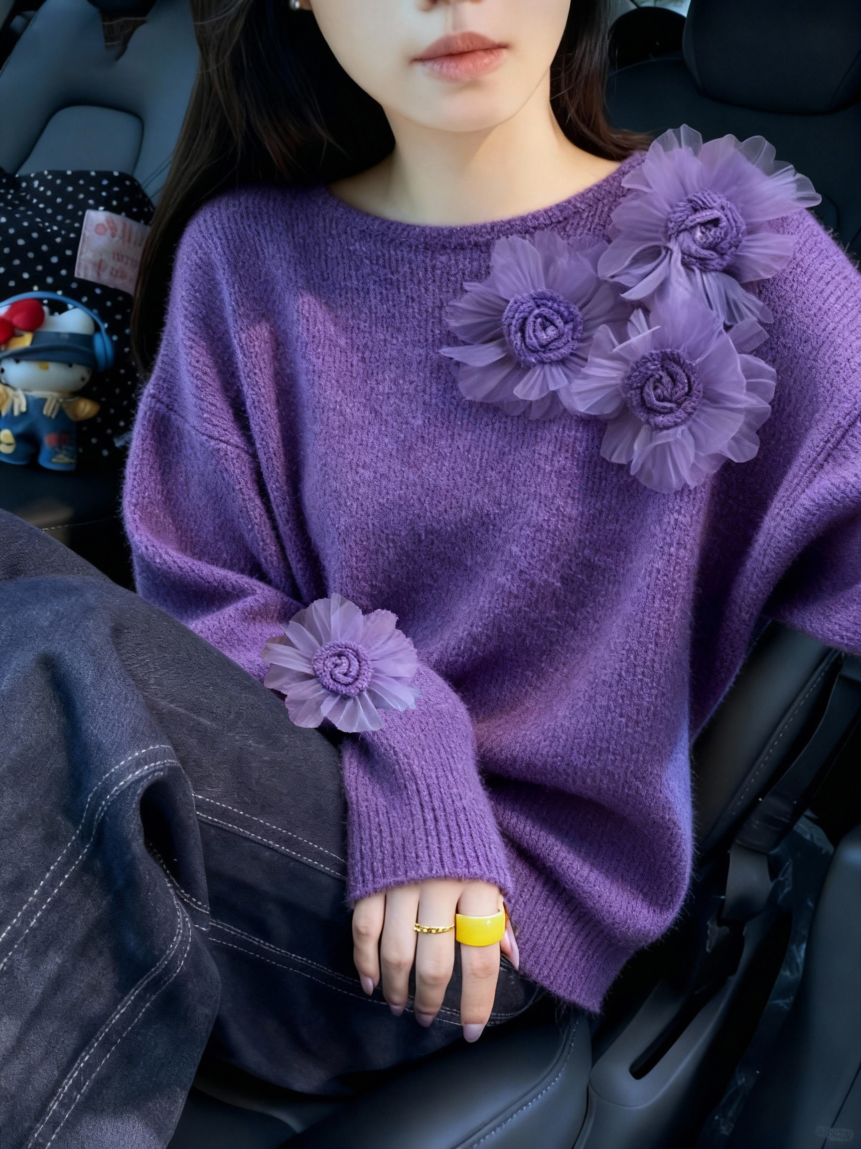 欧货超好看紫色重工立体花朵针织衫2025秋冬新款显瘦百搭气质毛衣