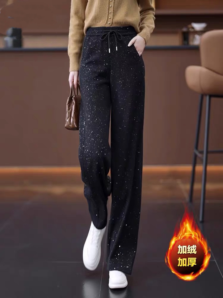 秋冬高腰亮片休闲裤宽松百搭保暖绒裤冬季时尚加厚阔腿裤复古