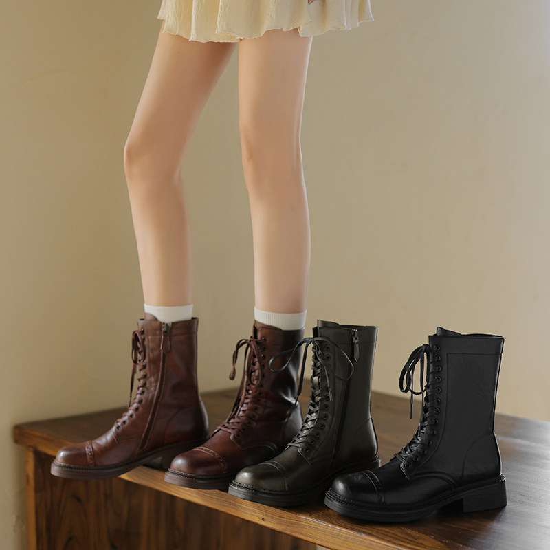 半坊手工女鞋|35-39|3.0cm|法式方头真皮软面系带百搭粗跟短靴女