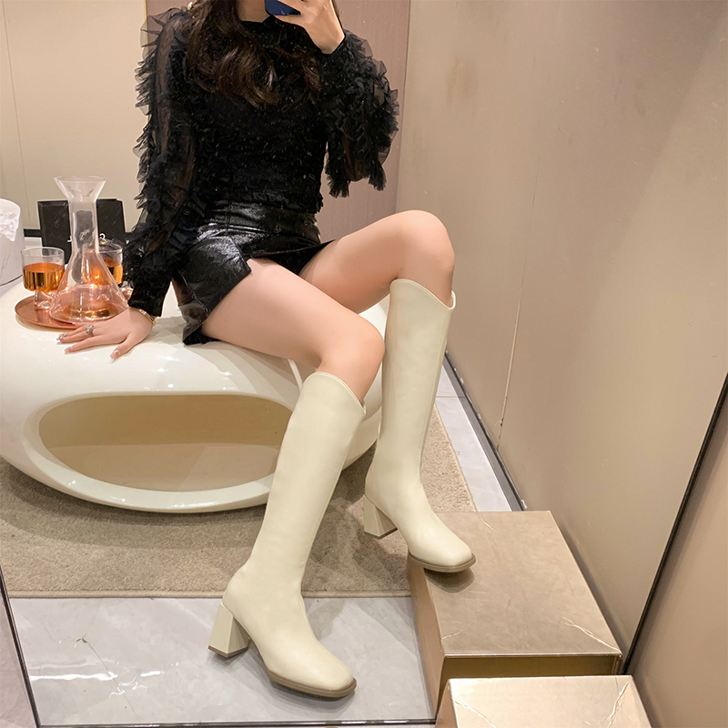 【7厘米跟】秋冬新款高跟方头时装长靴V口显腿长显脚瘦百搭休闲