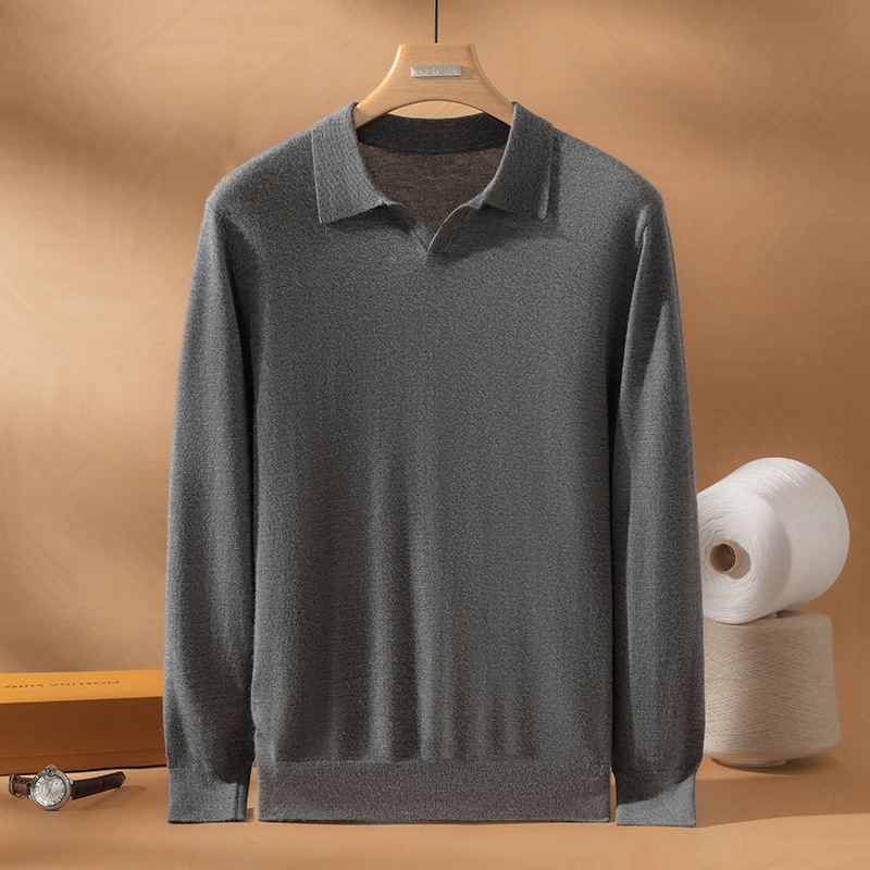 【精纺】100%纯山羊绒男士POLO领16针精纺加密针织衫老钱风底衫265g