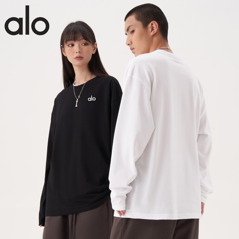 ALO长袖T恤男纯棉卫衣重磅长袖上衣女情侣宽松纯色春秋圆领打底衫