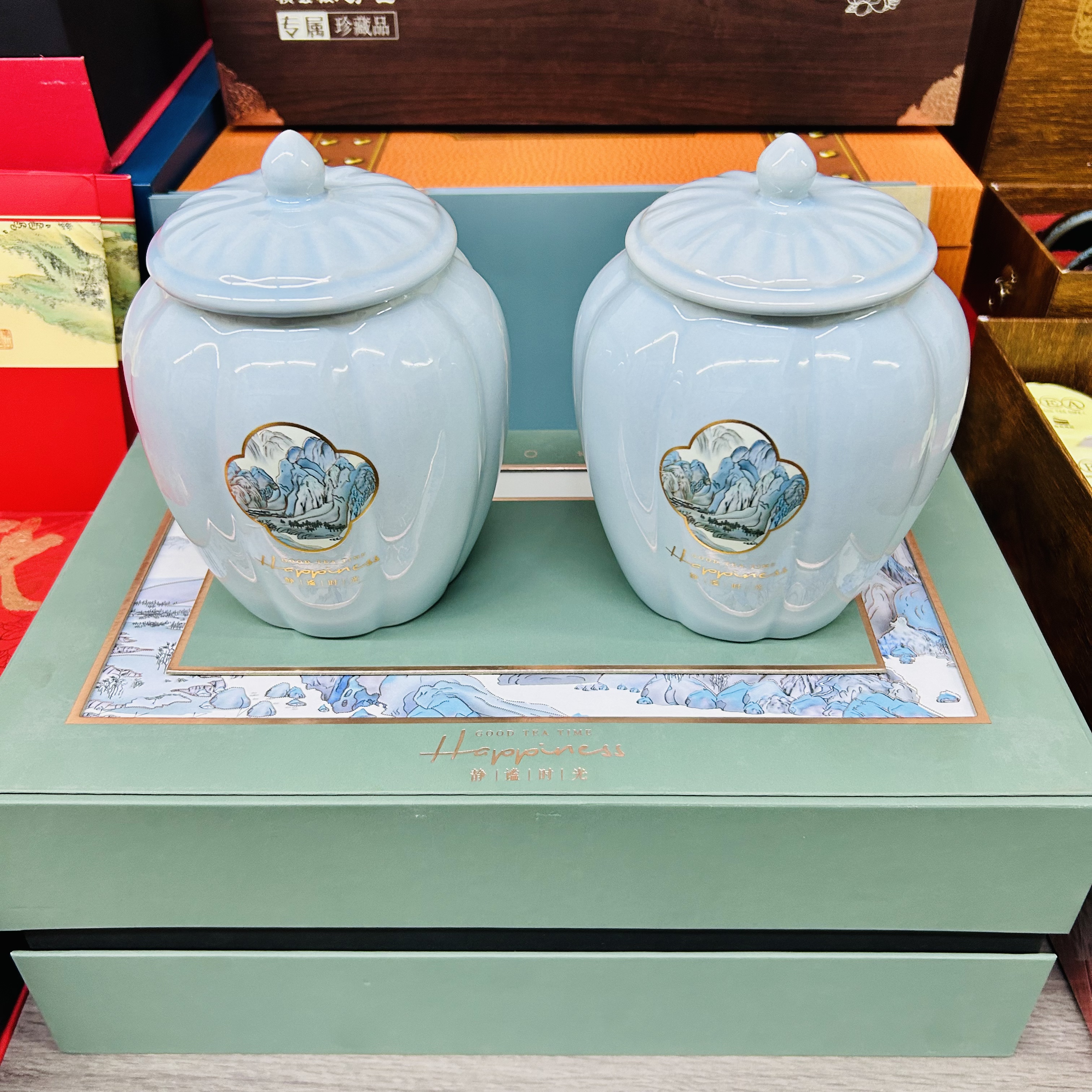 春节送礼品茶 绿茶 龙井 茶叶礼盒装 双陶瓷罐250g 款式随机