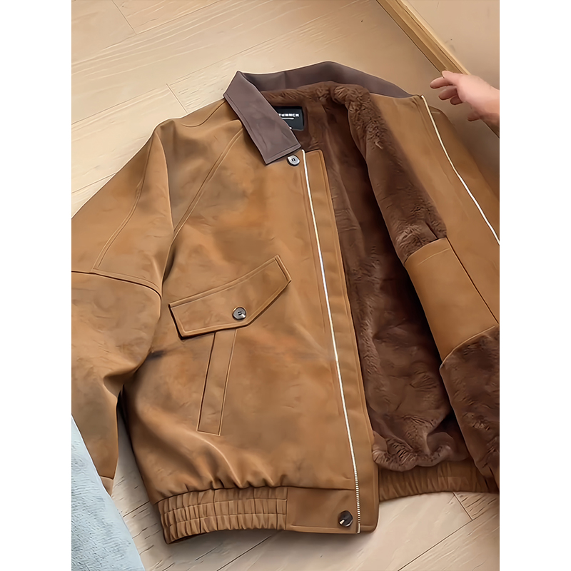 美拉德穿搭咖色加绒皮夹克棉服男款冬季加厚保暖美式工装棉衣外套