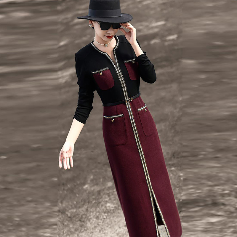 长袖春秋拼接修身女装连衣裙撞色秋季小香风针织休闲时尚长裙2912