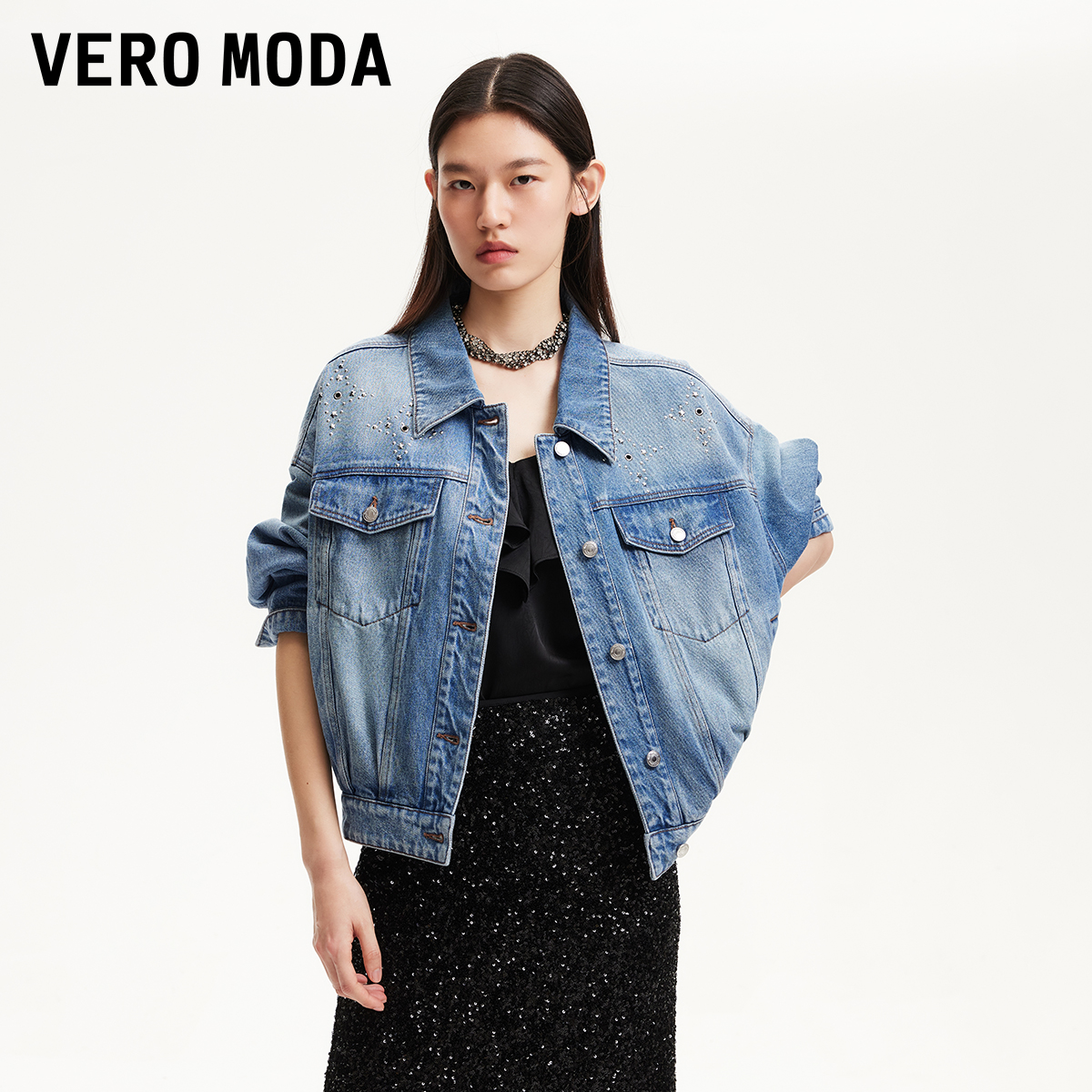 Vero Moda短外套女2025春季新款欧若风金属装饰假口袋牛325157007
