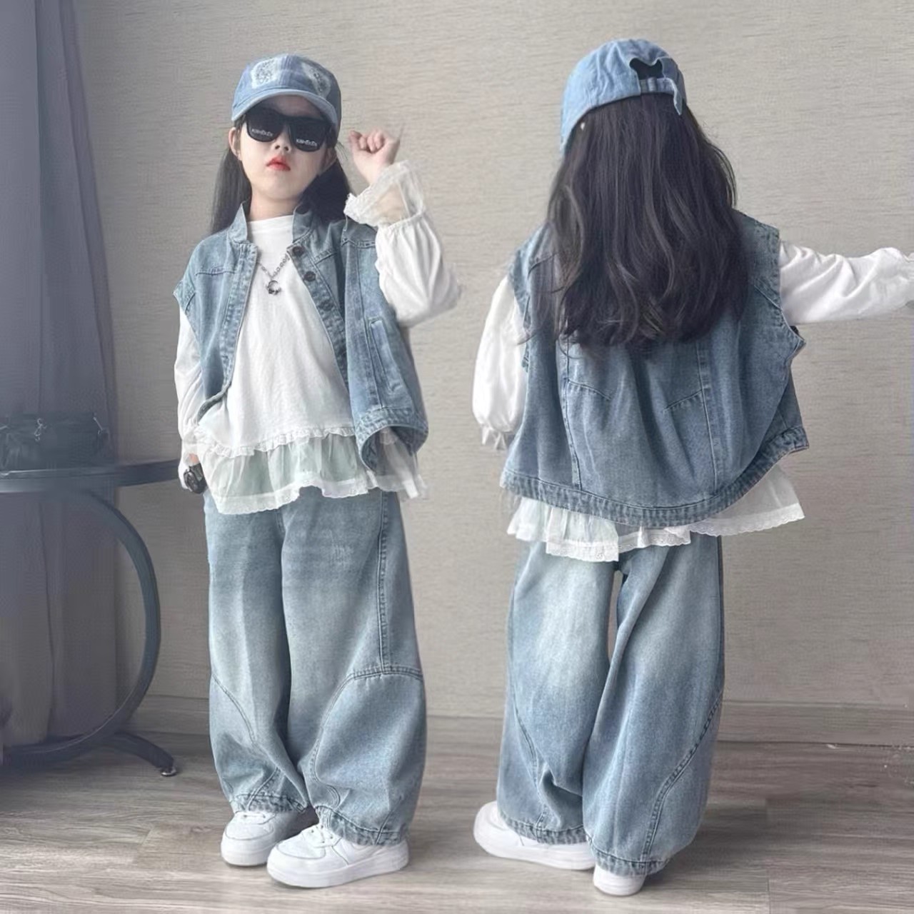 美式复古水洗牛仔马甲背心女童嘻哈街头无袖外套叠穿设计感套装潮
