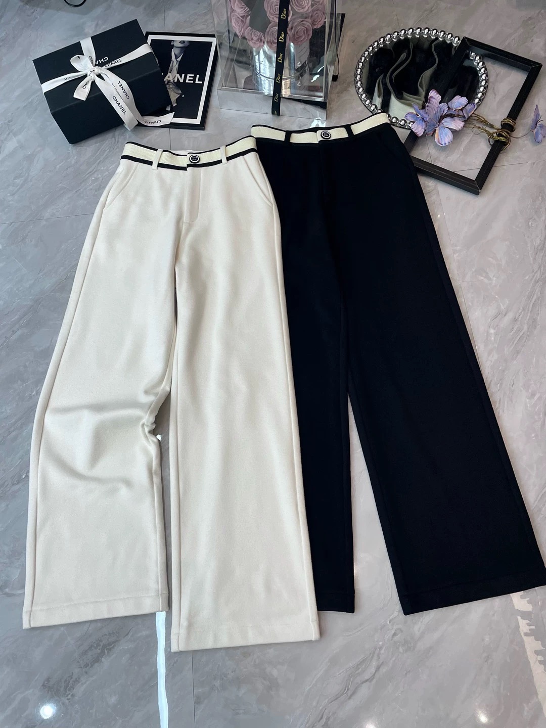 25115#欧洲站2025小香风羊绒加绒冬时尚百搭显瘦窄版直筒阔腿长裤