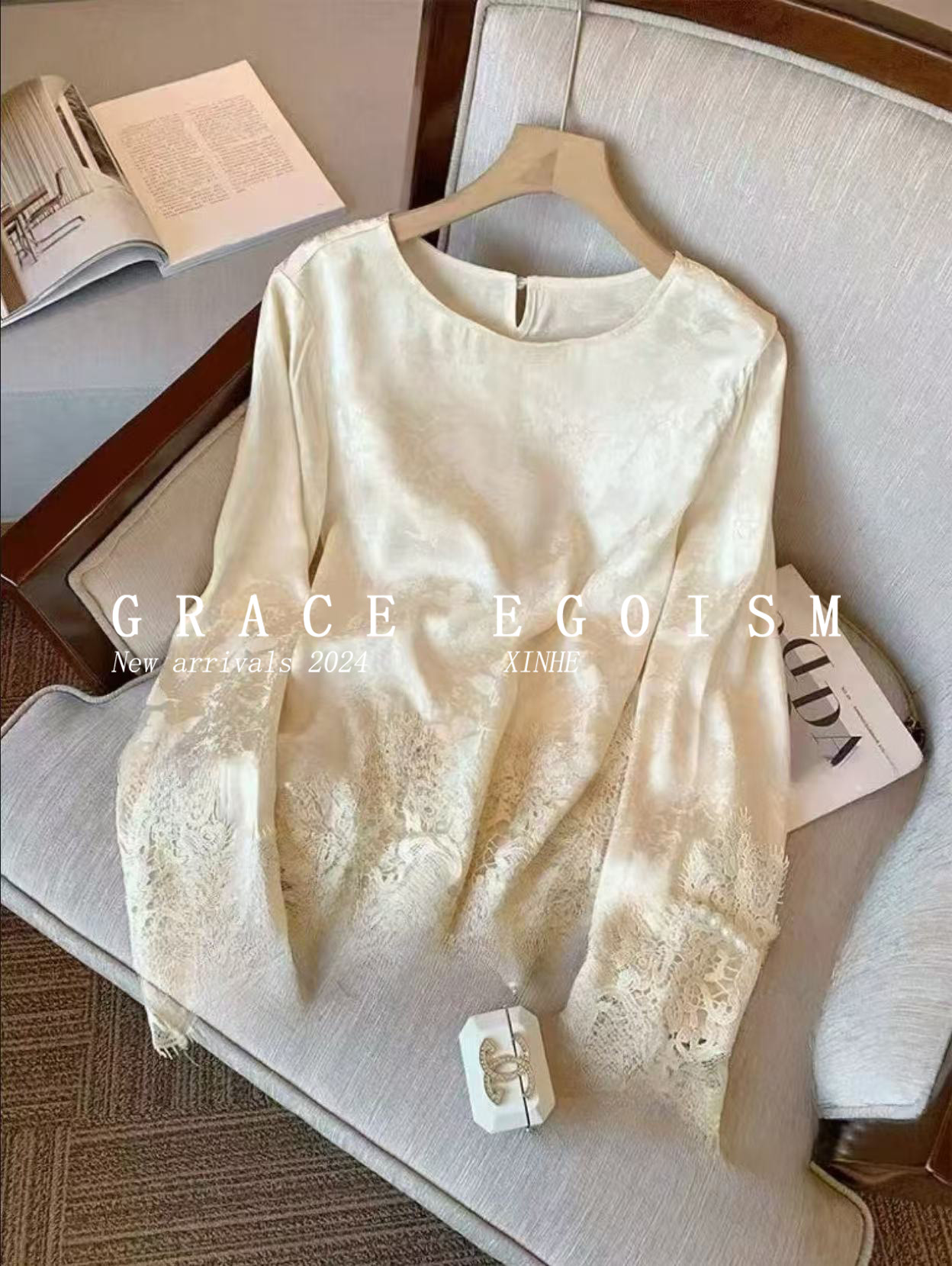 金禾【云纱迹】春季新款国风蕾丝边镂空提花打底上衣3007