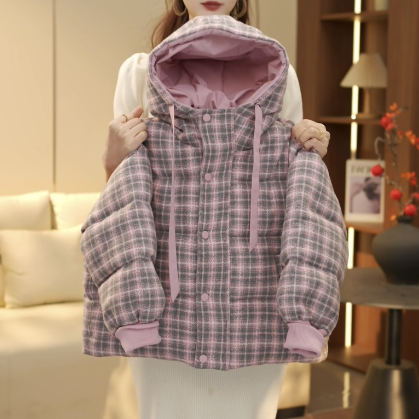 boboe/波波鹅女童洋气棉衣冬季新款格子连帽加厚棉服外套--Y6196