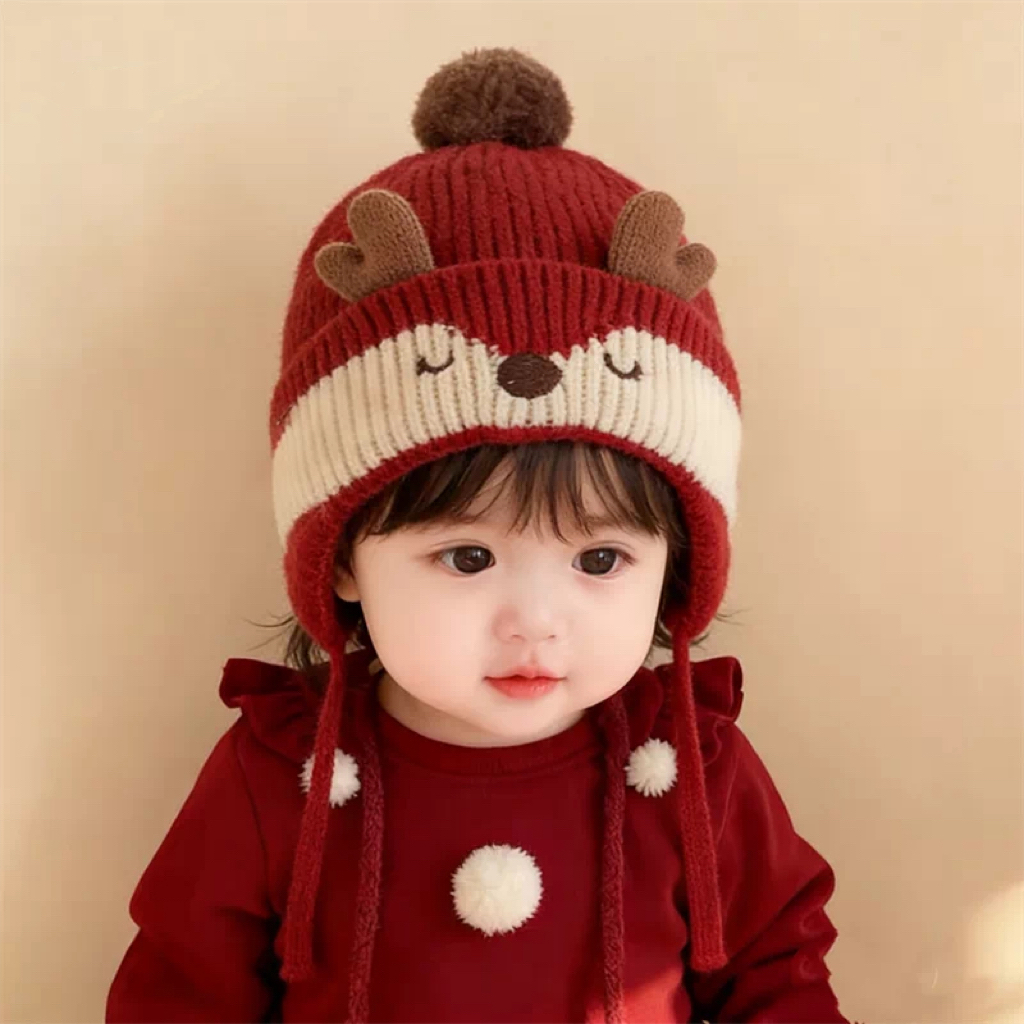 宝宝帽子秋冬季新年红色男女童保暖针织护耳帽加厚婴儿冬天毛线帽