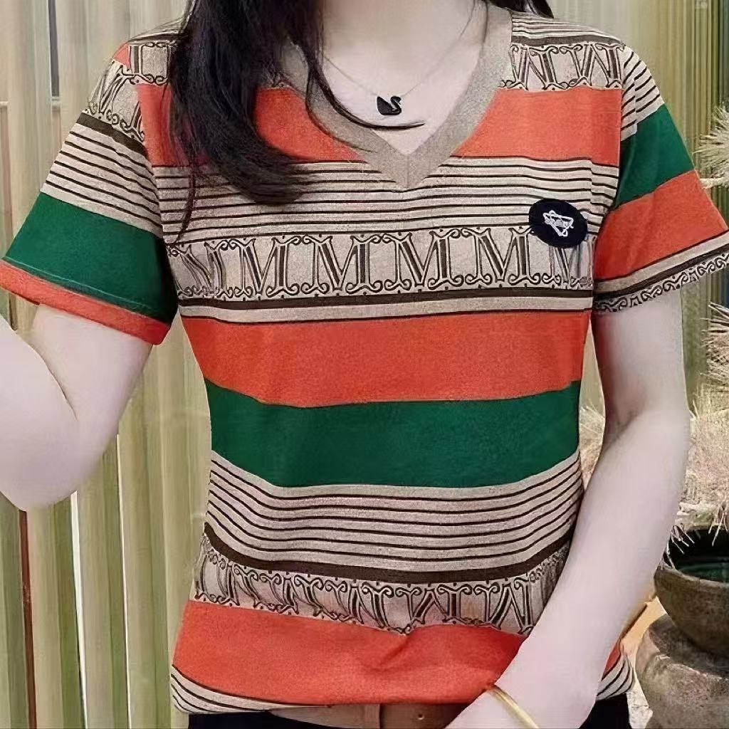 t恤显瘦圆领洋气条纹中老年女装印花百搭短袖薄款V领