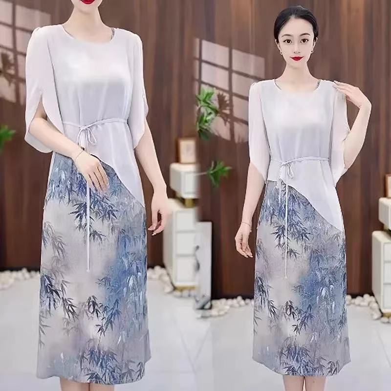 M375  显瘦百搭修身气质夏季宽松优雅遮肚过膝洋气两件套