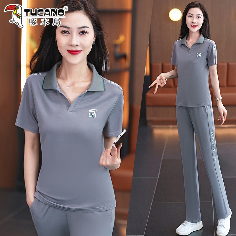啄木鸟运动套装女夏季2025新款polo翻领广场舞时尚休闲短袖两件套