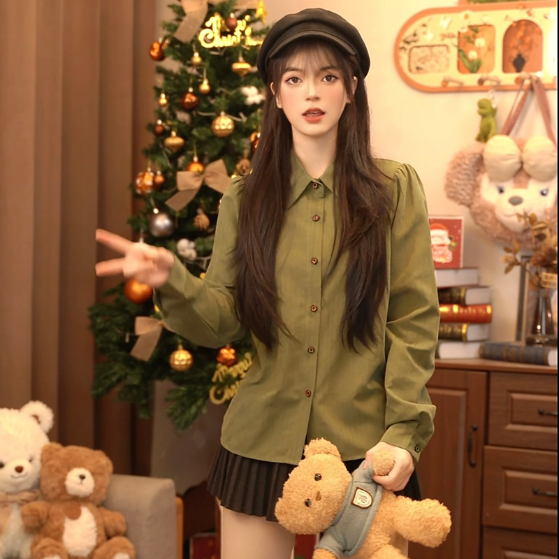 翻领长袖衬衫女2025春秋新款复古宽松休闲设计感慵懒风衬衣
