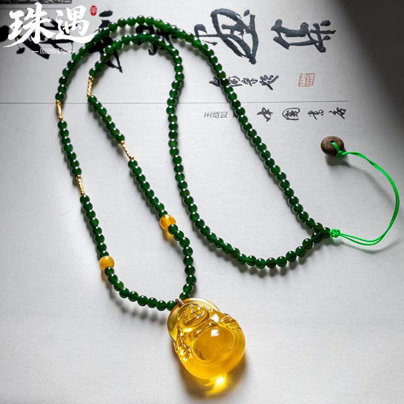 俄罗斯碧玉项链搭配蜜蜡佛公吊坠