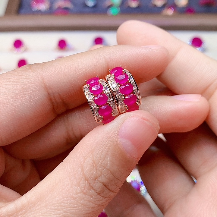 红宝石耳饰银S925镶嵌