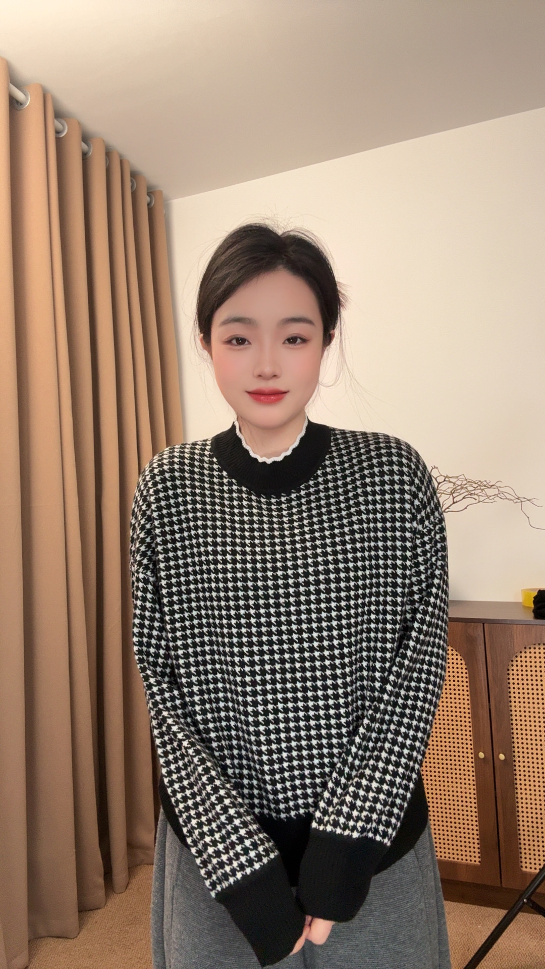 【琴琴】毛针织衫提花圆领千鸟格时尚长袖针织衫针织