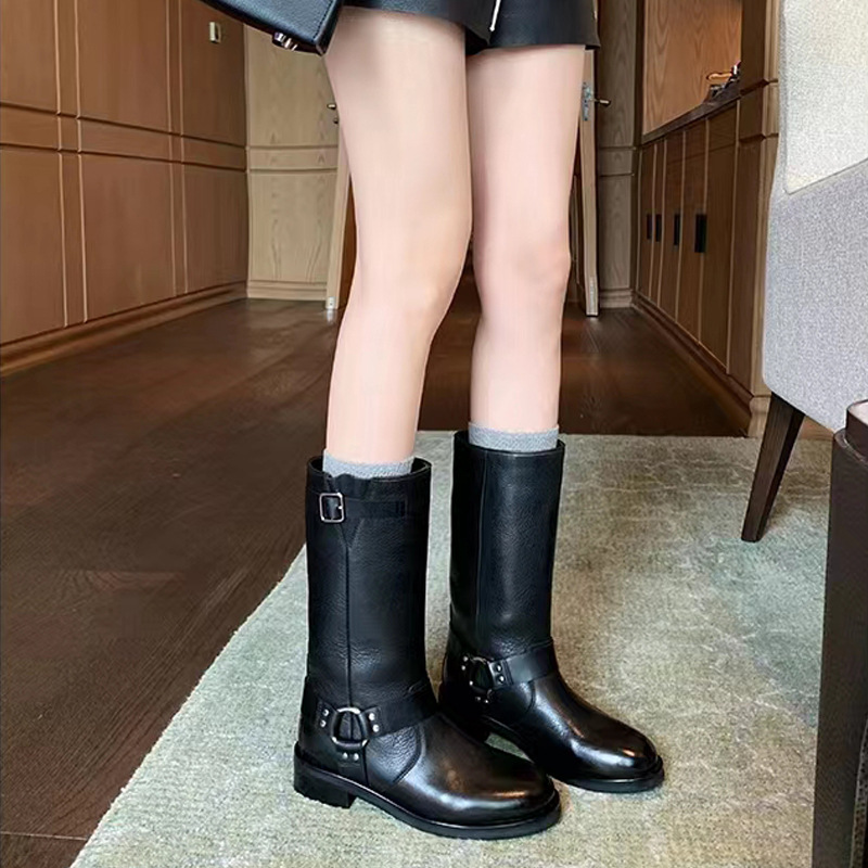 西部骑士靴女2025年秋冬新款英伦风皮带扣中筒靴子粗跟百搭马丁靴
