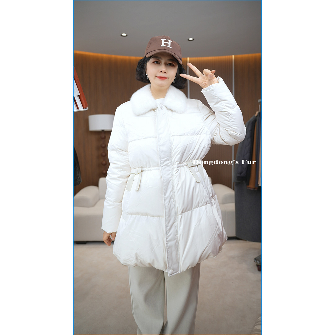 女士鹅绒貂领时尚休闲收腰中长款短款保暖韩版冬季羽绒服白色毛领