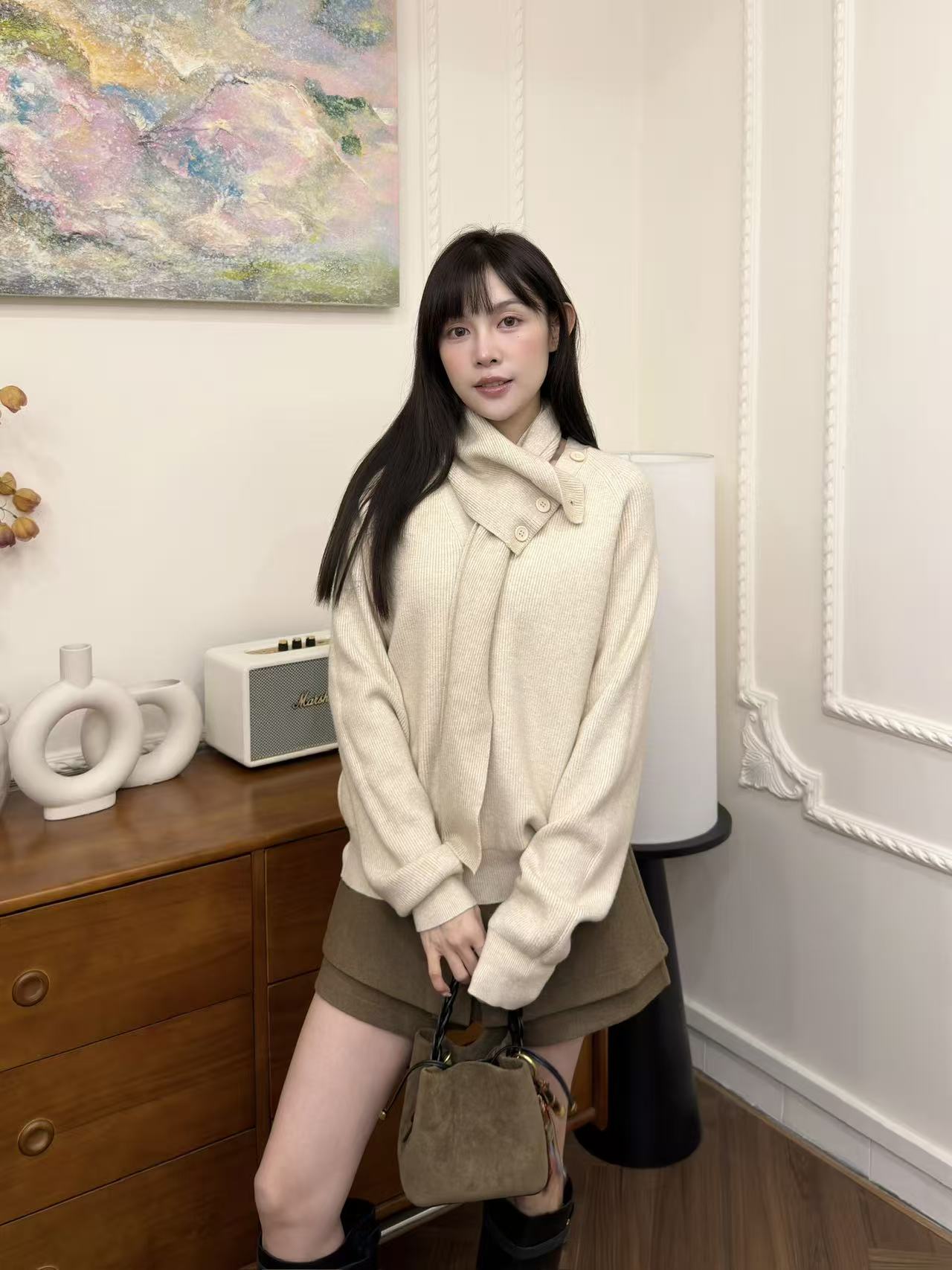 系扣围脖韩系V领软糯针织宽松百搭毛衣#88167