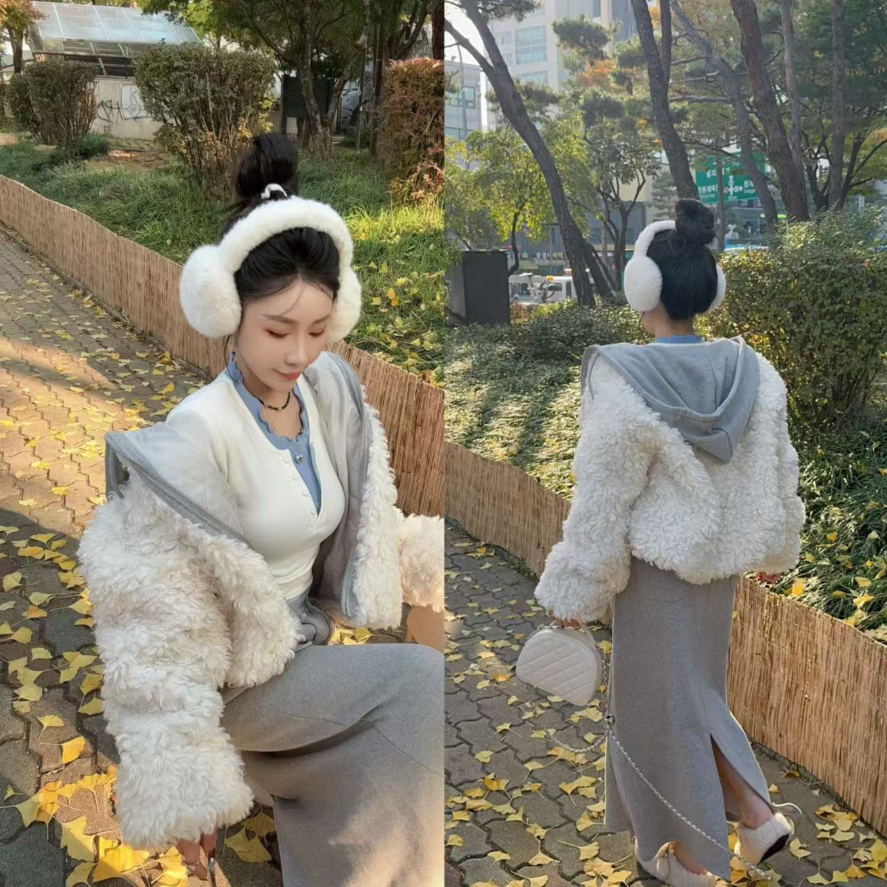 LIN-【奶芙云朵】泡菜定制灰戴帽夹棉毛毛外套