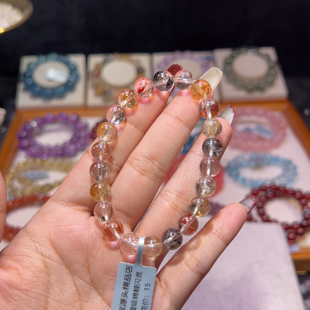 水晶手串未镶嵌笑**然锦鲤闪灵8.6m m