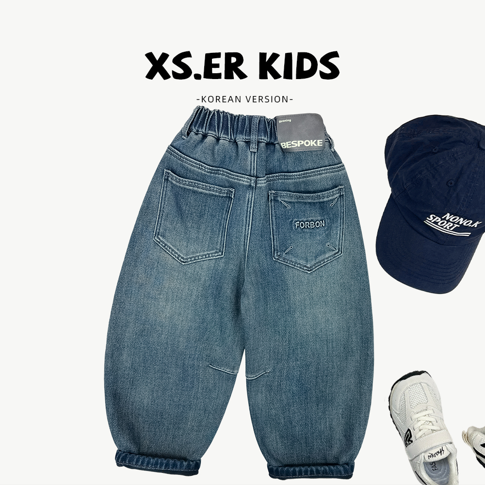 【小首尔】原版-现货男女童韩版宽松加绒加厚水洗牛仔裤HBB8165