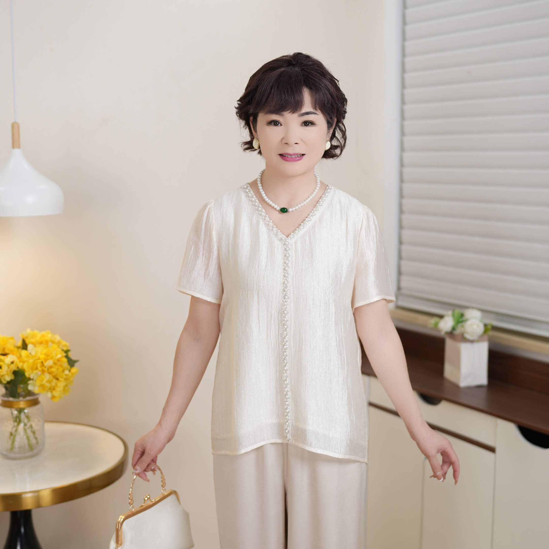 MUYUEZI/中年妈妈夏新款洋气中老年时尚大码显瘦短袖时尚上衣套装