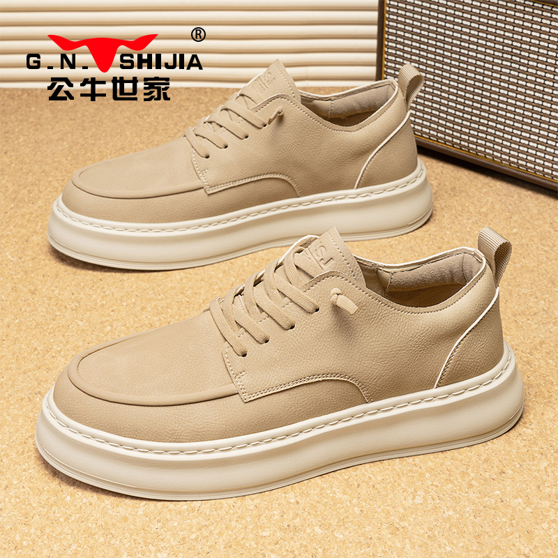 公牛世家男鞋春季新款复古休闲皮鞋男一脚蹬百搭运动厚底增高板鞋