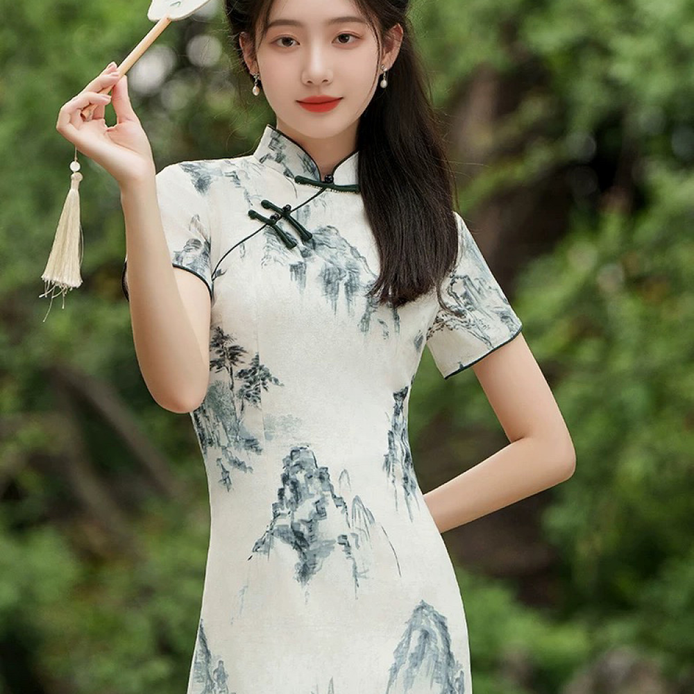 【2386 顺风顺水 经典 水墨画】显瘦气质修身优雅复古中国风旗袍