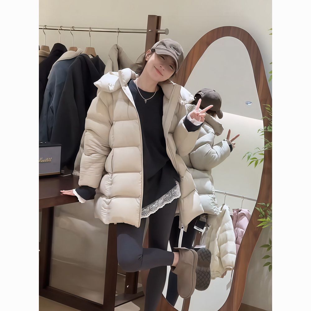 泡芙羽绒服女中长款2025新款冬季宽松连帽显瘦保暖加厚白鸭绒外套