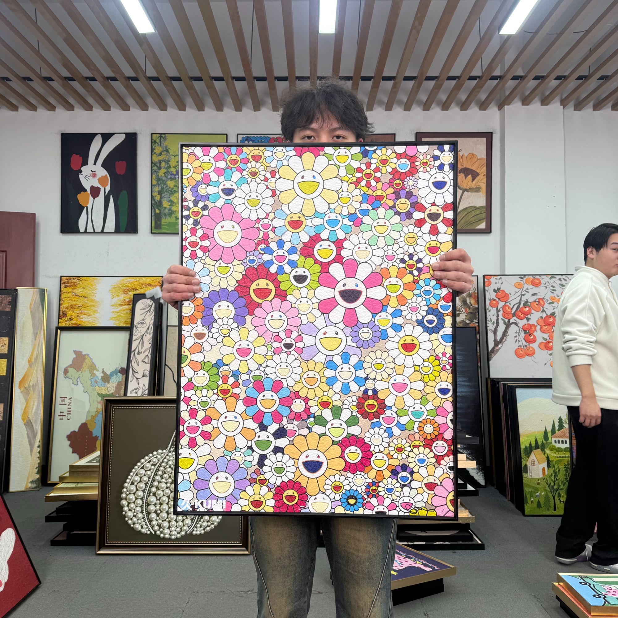 卡通笑脸太阳花砂岩高级感客厅沙发背景墙装饰画6080