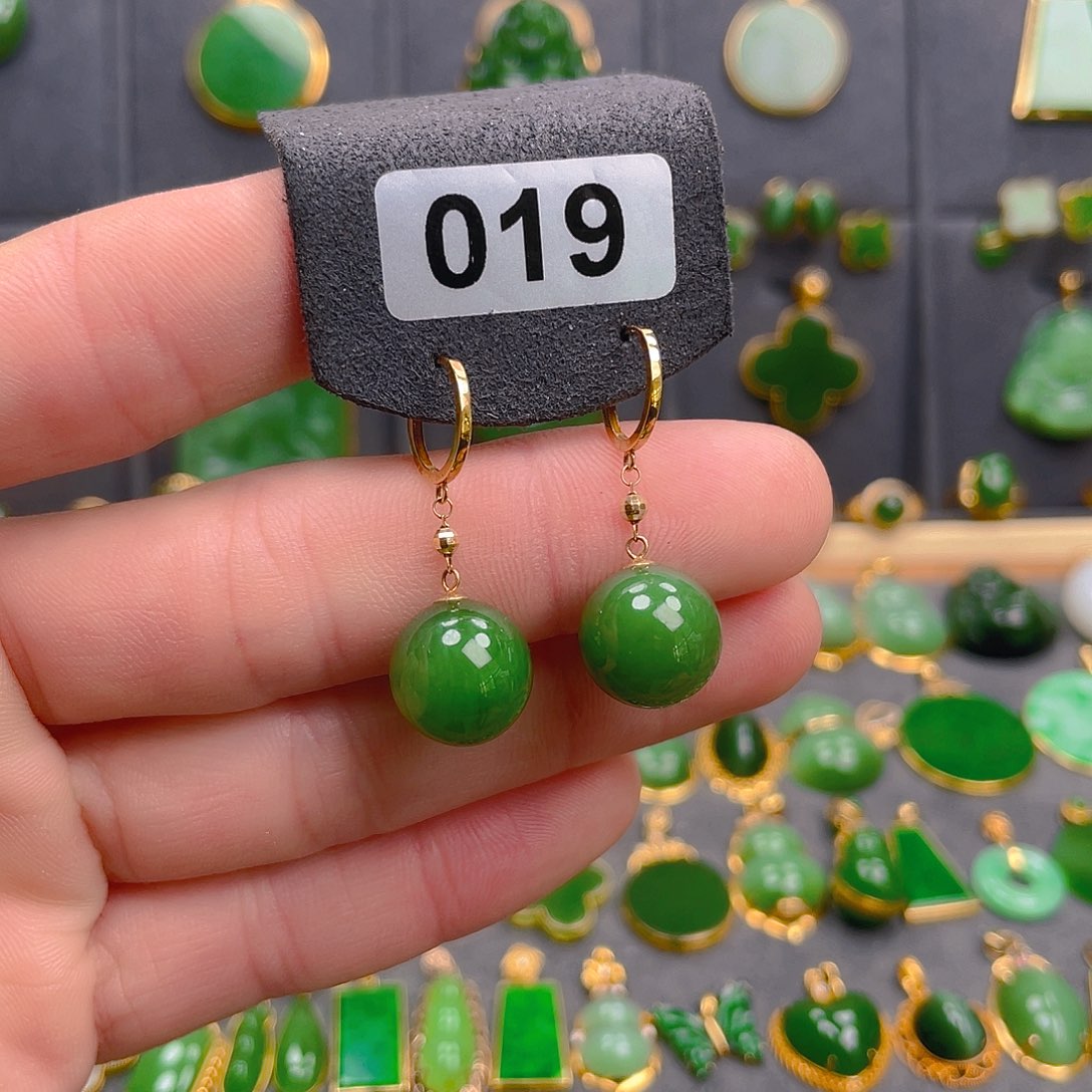 和田玉（碧玉）18K金镶嵌耳饰019