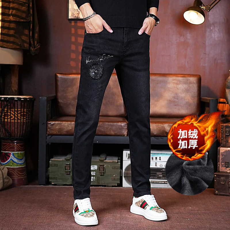 秋冬男士烫钻刺绣黑色牛仔裤修身显瘦裤欧版潮流弹力厚款裤子