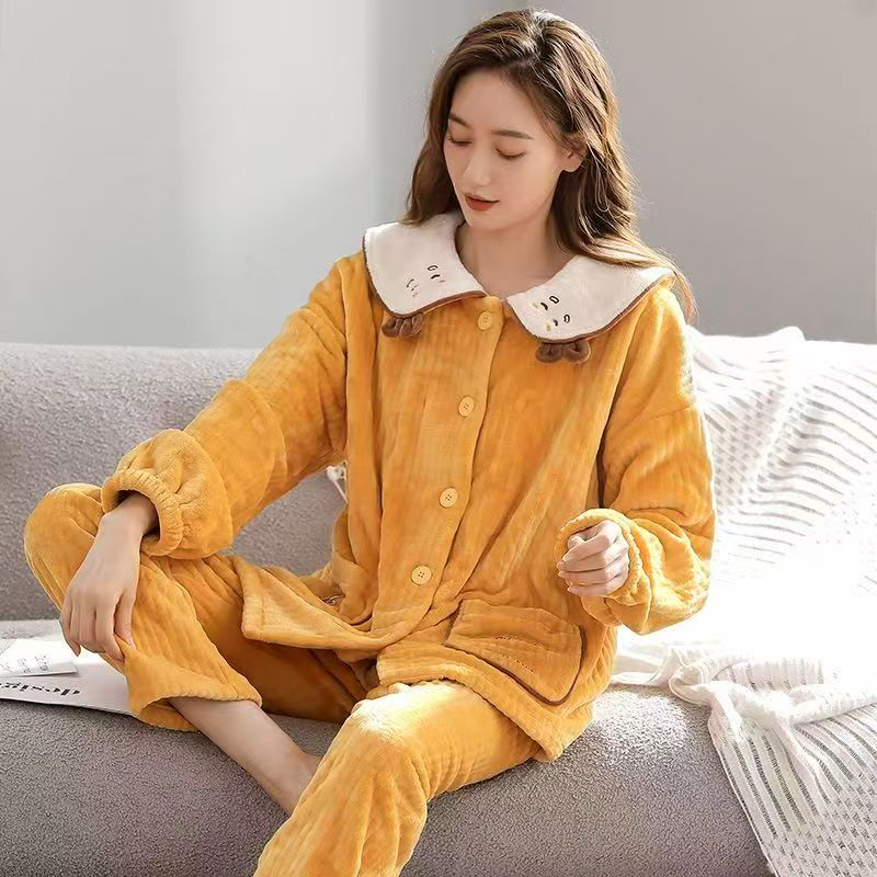 女士秋冬季加厚加绒珊瑚绒可外穿家居睡衣套装