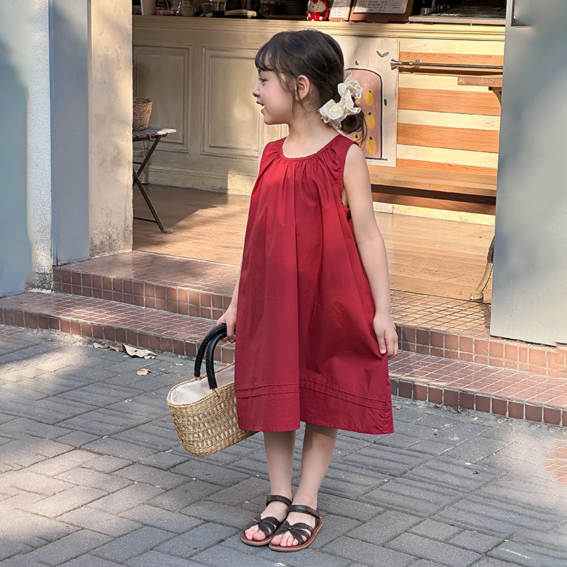TUANTUAN 2025 女童棉布裙子连衣裙红色气质无袖公主背心裙