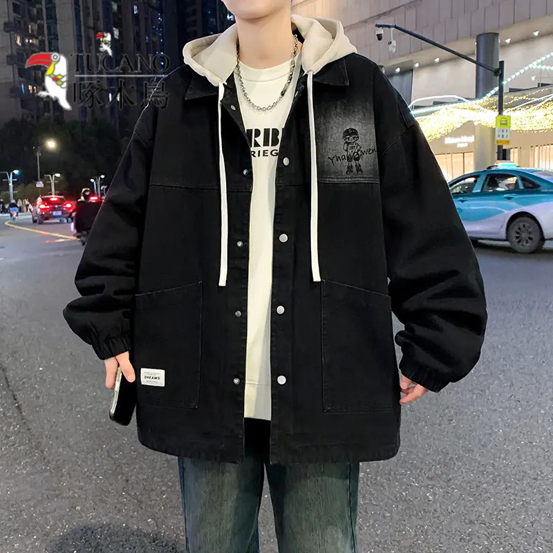 啄木鳥青少年连帽男士外套春秋新款防风保暖牛仔夹克休闲百搭外套