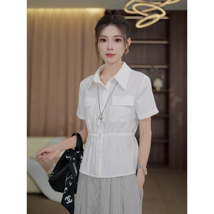TITI定制【心动月影】轻奢气质纯色短袖衬衫收腰显瘦上衣TL3903487