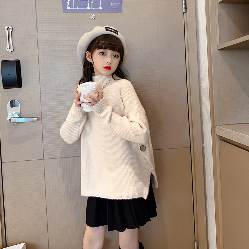 女童秋冬毛衣中大童秋冬时尚中领侧面纽扣毛衣洋气套头宽松中长款