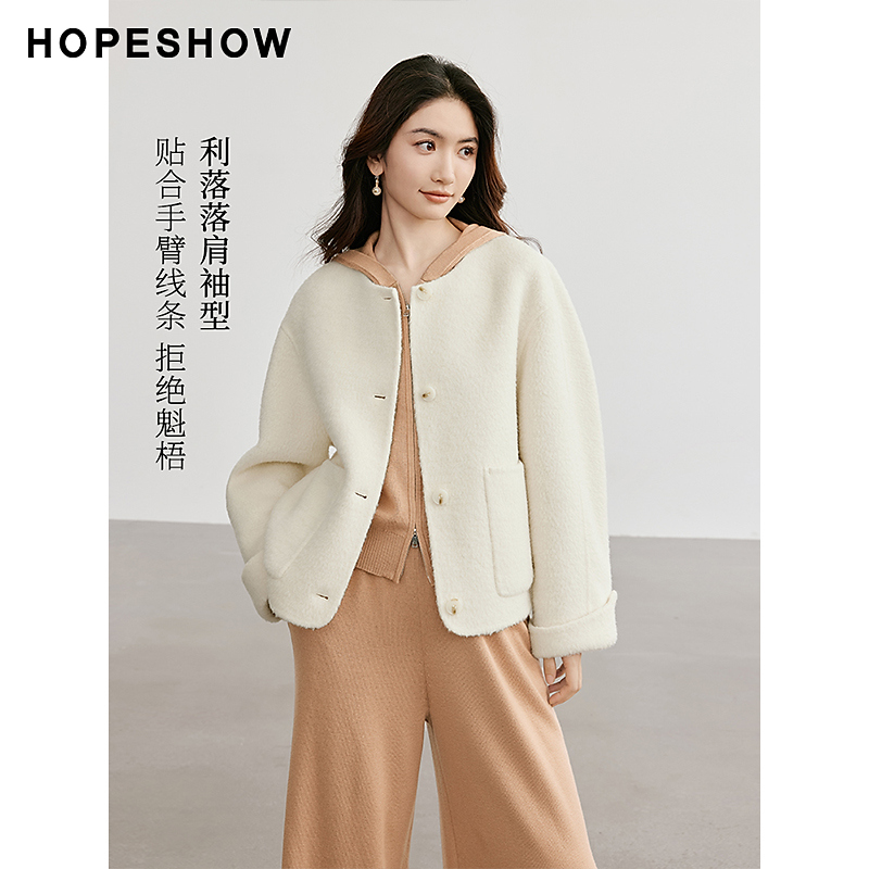 红袖冬季新款女装 香风单排扣圆领双面呢大衣90124330813