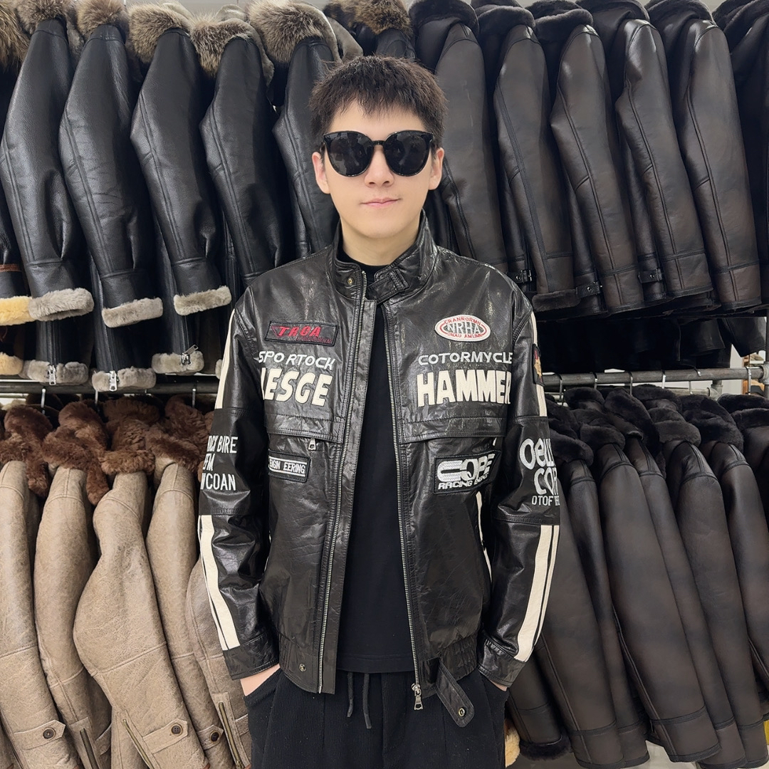 男士真皮油蜡牛皮刺绣机车款春秋款夹克时尚短款休闲百搭潮流