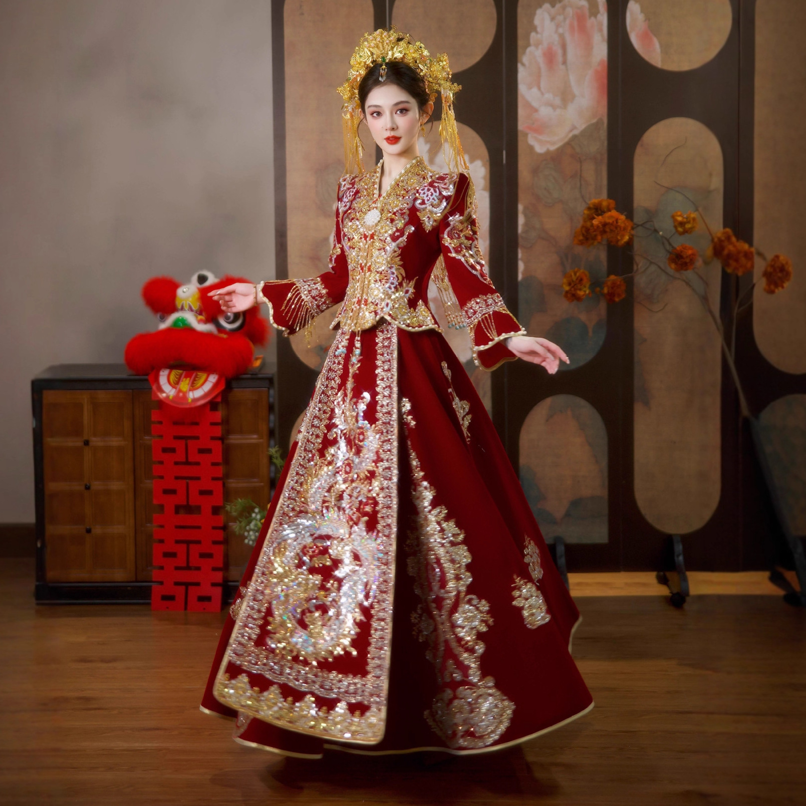 高档丝绒秀禾服2025新款结婚大码新娘嫁衣小个子秀禾冬季龙凤褂 